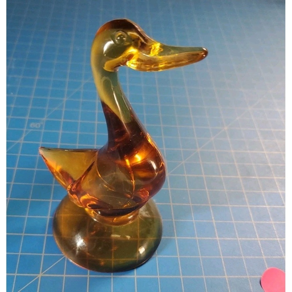 Paperweight Duck figurine vintage amber Art glass hand blown, 5" Tall